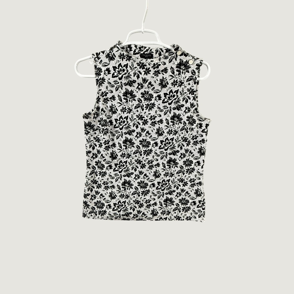 Talbots Petite Black White Floral Mock Neck Shell Top Button Shoulder SP